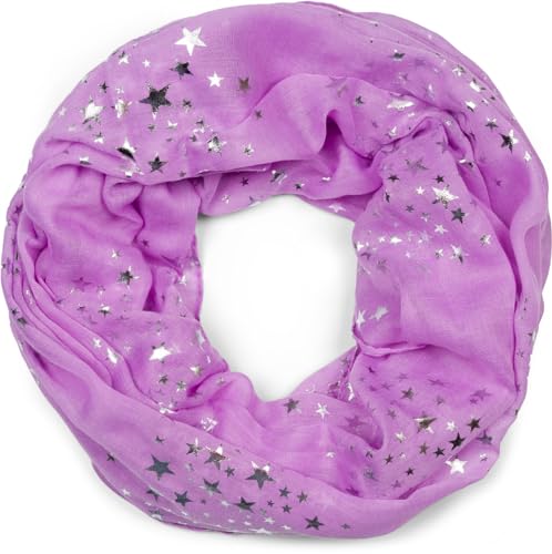 styleBREAKER Damen Loop Schal mit glitzerndem Metallic Sterne All Over Print Muster, Leichter Schlauchschal Einfarbig, Tuch 01016118, Farbe:Flieder von styleBREAKER