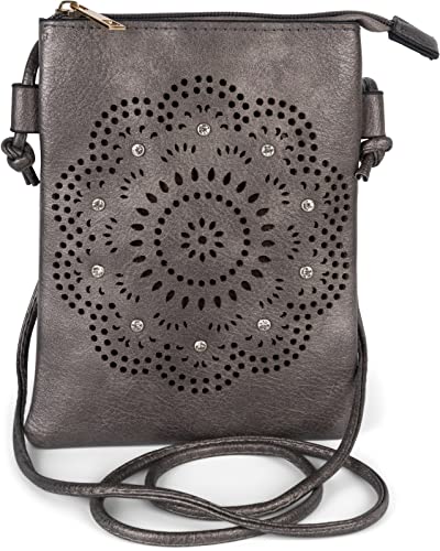 styleBREAKER Damen Mini Bag Umhängetasche mit Blumen Lasercut Cutout Muster und Strass, Schultertasche, Handtasche 02012367, Farbe:Antik-Grau von styleBREAKER