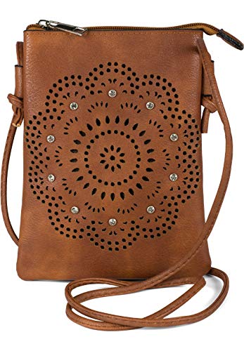 styleBREAKER Damen Mini Umhängetasche mit Blumen Lasercut Cutout Muster und Strass | kleine Crossbody Bag Schultertasche Handytasche 14,5 x 19 cm, Farbe:Cognac von styleBREAKER