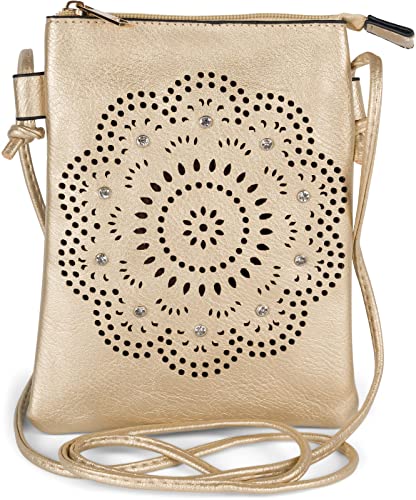 styleBREAKER Damen Mini Bag Umhängetasche mit Blumen Lasercut Cutout Muster und Strass, Schultertasche, Handtasche 02012367, Farbe:Gold von styleBREAKER