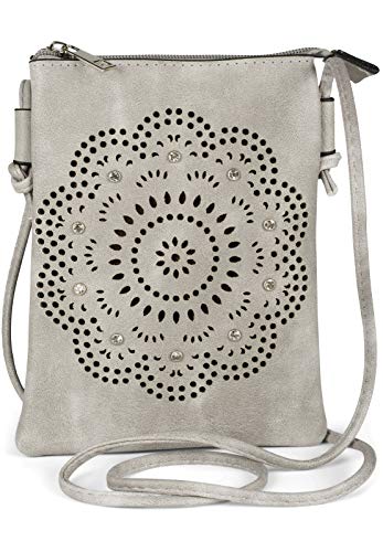 styleBREAKER Damen Mini Umhängetasche mit Blumen Lasercut Cutout Muster und Strass | kleine Crossbody Bag Schultertasche Handytasche 14,5 x 19 cm, Farbe:Hellgrau von styleBREAKER