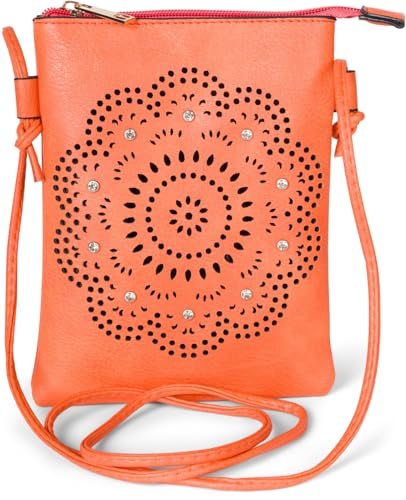 styleBREAKER Damen Mini Bag Umhängetasche mit Blumen Lasercut Cutout Muster und Strass, Schultertasche, Handtasche 02012367, Farbe:Orange von styleBREAKER