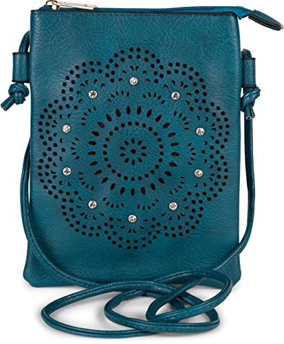 styleBREAKER Damen Mini Bag Umhängetasche mit Blumen Lasercut Cutout Muster und Strass, Schultertasche, Handtasche 02012367, Farbe:Petrol von styleBREAKER