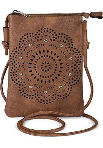 styleBREAKER Damen Mini Umhängetasche mit Blumen Lasercut Cutout Muster und Strass | kleine Crossbody Bag Schultertasche Handytasche 14,5 x 19 cm, Farbe:Schokobraun von styleBREAKER