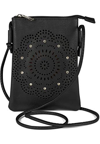 styleBREAKER Damen Mini Bag Umhängetasche mit Blumen Lasercut Cutout Muster und Strass, Schultertasche, Handtasche 02012367, Farbe:Schwarz von styleBREAKER