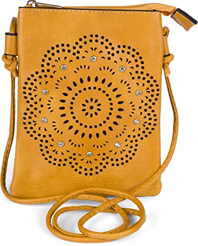 styleBREAKER Damen Mini Umhängetasche mit Blumen Lasercut Cutout Muster und Strass | kleine Crossbody Bag Schultertasche Handytasche 14,5 x 19 cm, Farbe:Senf von styleBREAKER