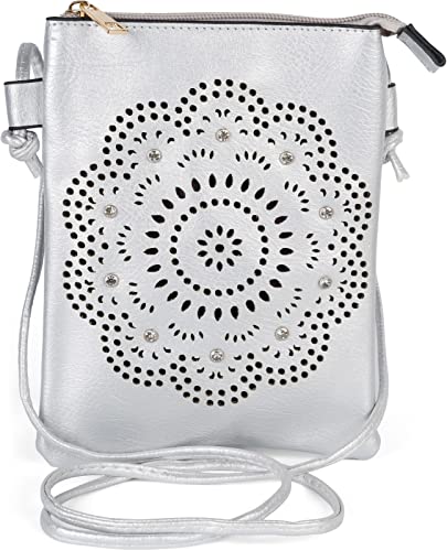 styleBREAKER Damen Mini Bag Umhängetasche mit Blumen Lasercut Cutout Muster und Strass, Schultertasche, Handtasche 02012367, Farbe:Silber von styleBREAKER