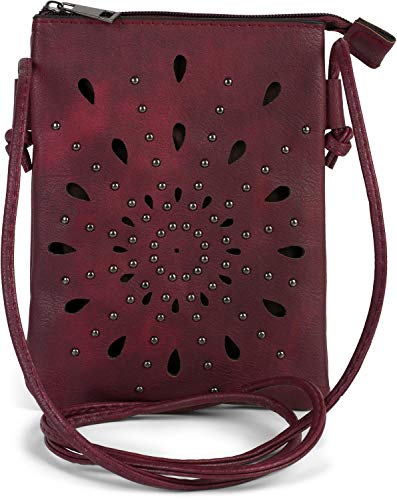 styleBREAKER Damen Mini Bag Umhängetasche mit Cutouts in Ethno Blumen Form und Nieten, Schultertasche, Handtasche, Tasche 02012304, Farbe:Bordeaux-Violett von styleBREAKER