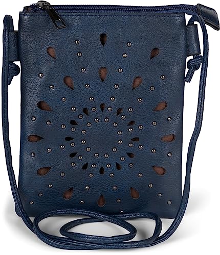 styleBREAKER Damen Mini Bag Umhängetasche mit Cutouts in Ethno Blumen Form und Nieten, Schultertasche, Handtasche, Tasche 02012304, Farbe:Dunkelblau von styleBREAKER