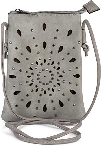 styleBREAKER Damen Mini Bag Umhängetasche mit Cutouts in Ethno Blumen Form und Nieten, Schultertasche, Handtasche, Tasche 02012304, Farbe:Grau von styleBREAKER