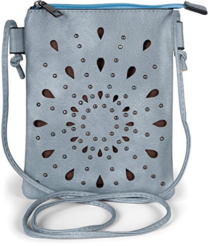 styleBREAKER Damen Mini Bag Umhängetasche mit Cutouts in Ethno Blumen Form und Nieten, Schultertasche, Handtasche, Tasche 02012304, Farbe:Jeansblau von styleBREAKER
