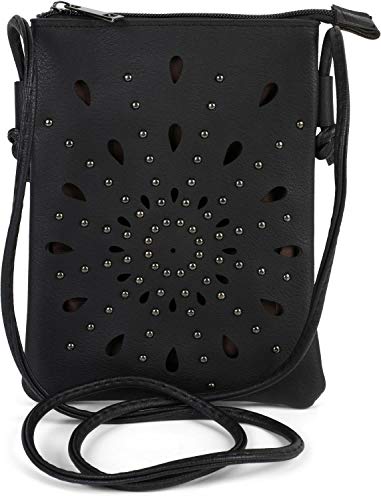 styleBREAKER Damen Mini Bag Umhängetasche mit Cutouts in Ethno Blumen Form und Nieten, Schultertasche, Handtasche, Tasche 02012304, Farbe:Schwarz von styleBREAKER