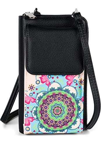 styleBREAKER Damen Mini Umhängetasche Geldbörse mit Ethno Blumen Blüten Muster, Handy Fach, RFID Schutz, Crossbody Bag 02012378, Farbe:Rose-Türkis-Grün-Pink von styleBREAKER