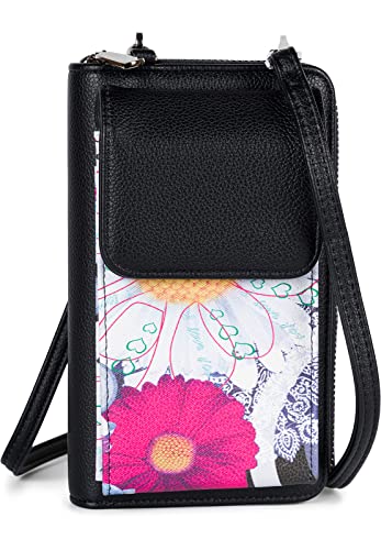 styleBREAKER Damen Mini Umhängetasche Geldbörse mit Ethno Blumen Blüten Muster, Handy Fach, RFID Schutz, Crossbody Bag 02012378, Farbe:Schwarz-Weiß-Pink von styleBREAKER