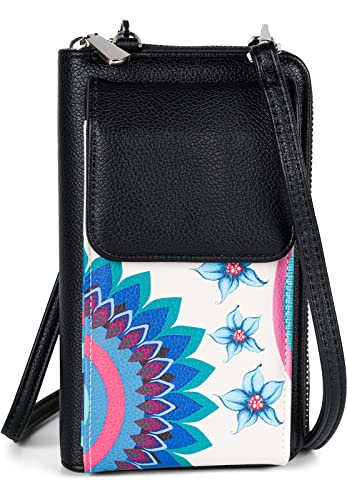 styleBREAKER Damen Mini Umhängetasche Geldbörse mit Ethno Blumen Blüten Muster, Handy Fach, RFID Schutz, Crossbody Bag 02012378, Farbe:Weiß-Türkis-Blau von styleBREAKER