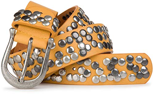styleBREAKER Damen Nietengürtel mit unterschiedlichen Nieten, Kunstleder Gürtel Einfarbig, Damengürtel kürzbar 03010008, Farbe:Curry, Größe:100cm von styleBREAKER