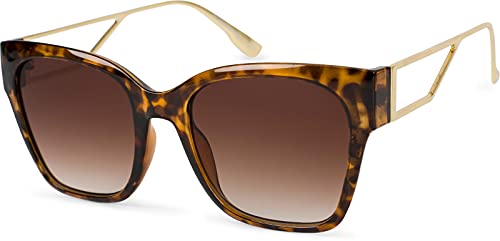 styleBREAKER Damen Oversize Sonnenbrille mit breiten Metall Bügeln, Polycarbonat Gläsern und Kunststoff Gestell 09020128, Farbe:Gestell Demi Braun-Gold/Glas Braun Verlauf von styleBREAKER