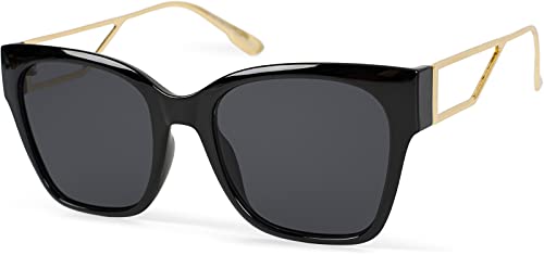 styleBREAKER Damen Oversize Sonnenbrille mit breiten Metall Bügeln, Polycarbonat Gläsern und Kunststoff Gestell 09020128, Farbe:Gestell Schwarz-Gold/Glas Grau getönt von styleBREAKER