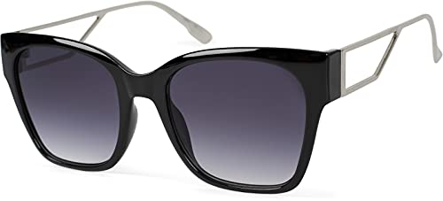 styleBREAKER Damen Oversize Sonnenbrille mit breiten Metall Bügeln, Polycarbonat Gläsern und Kunststoff Gestell 09020128, Farbe:Gestell Schwarz-Silber/Glas Grau Verlauf von styleBREAKER