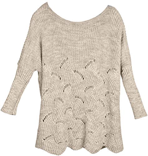 styleBREAKER Damen Oversize Strickpullover mit Ajourmuster und Langen Ärmeln, U-Boot Ausschnitt, Poncho, OneSize 08010066, Farbe:Beige von styleBREAKER