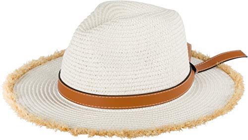 styleBREAKER Damen Panama Sonnenhut mit braunem Zierband, breite ausgefranste Krempe, Strohhut, Hut 04025029, Farbe:Weiß von styleBREAKER