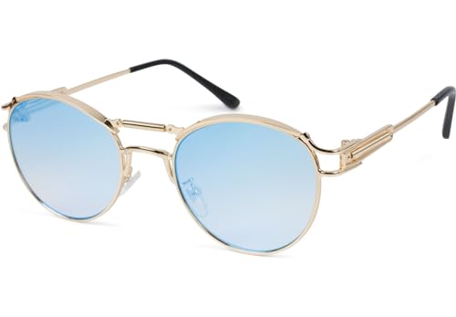 styleBREAKER Damen Panto Sonnenbrille mit ovalen Flachgläsern und Metall Bügel, Federn, Silikon Nasenauflage 09020117, Farbe:Gestell Gold/Glas Blau-Rosa verspiegelt von styleBREAKER