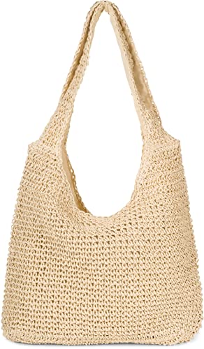 styleBREAKER Damen Papierstroh Beuteltasche mit langen breiten Henkeln, Strandtasche, Schultertasche, Flechttasche 02012397, Farbe:Beige von styleBREAKER