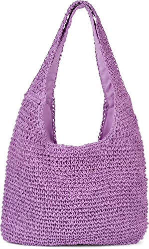 styleBREAKER Damen Papierstroh Beuteltasche mit langen Henkeln | sommerliche Flechttasche mit Reißverschluss | Strandtasche Schultertasche, Farbe:Lavendel von styleBREAKER