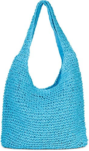styleBREAKER Damen Papierstroh Beuteltasche mit langen Henkeln | sommerliche Flechttasche mit Reißverschluss | Strandtasche Schultertasche, Farbe:Türkis von styleBREAKER