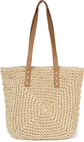 styleBREAKER Damen Papierstroh Schultertasche mit langen Henkeln, Strandtasche, Korbtasche, Flechttasche, Shopper 02012388, Farbe:Beige von styleBREAKER