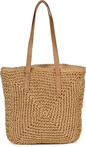 styleBREAKER Damen Papierstroh Schultertasche mit langen Henkeln, Strandtasche, Korbtasche, Flechttasche, Shopper 02012388, Farbe:Braun von styleBREAKER