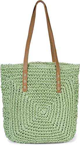 styleBREAKER Damen Papierstroh Schultertasche mit langen Henkeln, Strandtasche, Korbtasche, Flechttasche, Shopper 02012388, Farbe:Lindgrün von styleBREAKER