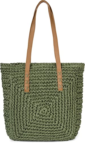 styleBREAKER Damen Papierstroh Schultertasche mit langen Henkeln, Strandtasche, Korbtasche, Flechttasche, Shopper 02012388, Farbe:Oliv von styleBREAKER