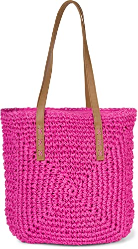 styleBREAKER Damen Papierstroh Schultertasche mit langen Henkeln, Strandtasche, Korbtasche, Flechttasche, Shopper 02012388, Farbe:Pink von styleBREAKER