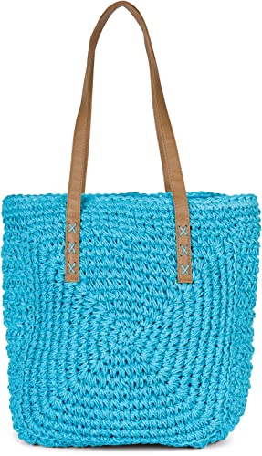 styleBREAKER Damen Papierstroh Schultertasche mit langen Henkeln, Strandtasche, Korbtasche, Flechttasche, Shopper 02012388, Farbe:Türkis von styleBREAKER