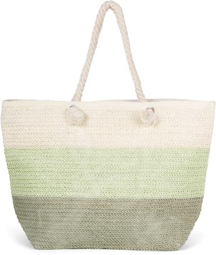 styleBREAKER Damen Papierstroh Strandtasche mit 3-Farbigem Streifen Muster, Flechttasche Reißverschluss, Schultertasche 02012406, Farbe:Oliv-Lindgrün-Creme von styleBREAKER