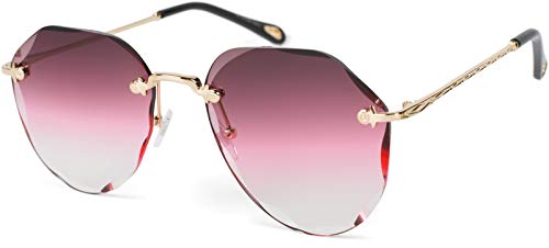 styleBREAKER Damen Piloten Sonnenbrille Rahmenlos mit getönten Gläsern im Diamant Schliff, Geprägte Bügel, Vieleckige Gläser 09020106, Farbe:Gestell Gold/Glas Bordeaux-Pink Verlauf von styleBREAKER