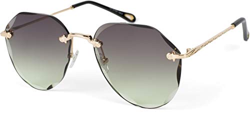 styleBREAKER Damen Piloten Sonnenbrille Rahmenlos mit getönten Gläsern im Diamant Schliff, Geprägte Bügel, Vieleckige Gläser 09020106, Farbe:Gestell Gold/Glas Grau-Grün Verlauf von styleBREAKER