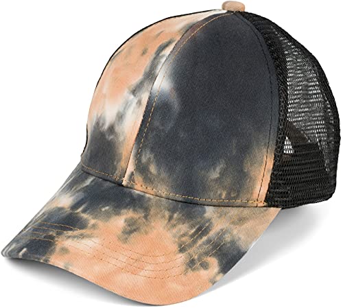 styleBREAKER Damen Ponytail Baseball Cap im Batik Look mit Mesh Einsatz, Basecap, Klettverschluss verstellbar 04023081, Farbe:Orange-Schwarz von styleBREAKER