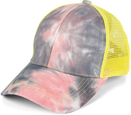 styleBREAKER Damen Ponytail Baseball Cap im Batik Look mit Mesh Einsatz, Basecap, Klettverschluss verstellbar 04023081, Farbe:Rose-Grau-Gelb von styleBREAKER