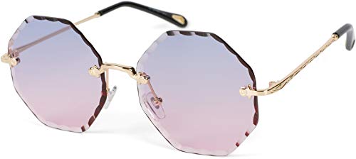 styleBREAKER Damen Runde Sonnenbrille Rahmenlos mit getönten Gläsern im Diamant Schliff, Geprägte Bügel, Vieleckige Gläser 09020118, Farbe:Gestell Gold/Glas Blau-Rosa Verlauf von styleBREAKER