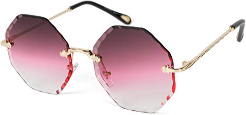 styleBREAKER Damen Runde Sonnenbrille Rahmenlos mit getönten Gläsern im Diamant Schliff, Geprägte Bügel, Vieleckige Gläser 09020118, Farbe:Gestell Gold/Glas Bordeaux-Pink Verlauf von styleBREAKER