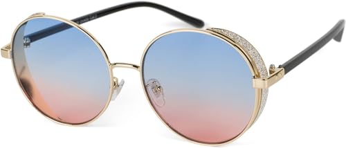 styleBREAKER Damen Runde Sonnenbrille mit getönten Polycarbonat Gläsern und Glitzer Side Shield, Metall Rahmen 09020120, Farbe:Gestell Gold/Glas Blau-Rosa Verlauf von styleBREAKER