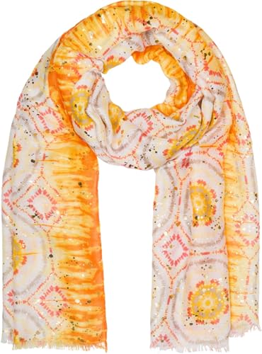 styleBREAKER Damen Schal Batik Muster mit Metallic Streifen, Leichtes Boho Style Tuch mit kurzen Fransen 01016230, Farbe:Gelb-Orange von styleBREAKER