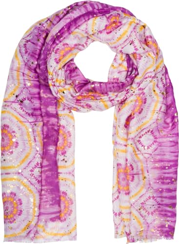 styleBREAKER Damen Schal Batik Muster mit Metallic Streifen, Leichtes Boho Style Tuch mit kurzen Fransen 01016230, Farbe:Violett-Gelb von styleBREAKER