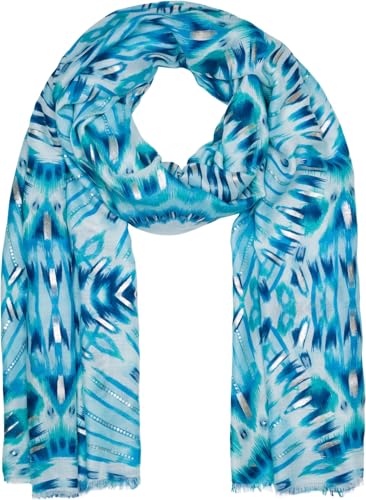 styleBREAKER Damen Schal Batik Shibori Muster mit Metallic Streifen, Leichtes Ethno Tuch mit kurzen Fransen 01016228, Farbe:Türkis-Blau von styleBREAKER