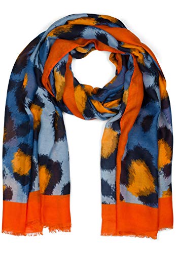 styleBREAKER Damen Schal mit Abstraktem Oversize Leo Print und kurzen Fransen, leichtes Tuch, Stola 01016207, Farbe:Orange-Blau von styleBREAKER