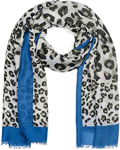 styleBREAKER Damen Schal mit großem und kleinem Leoparden Muster Print, farbigem Streifen und Fransen, Tuch 01016176, Farbe:Oliv-Blau von styleBREAKER