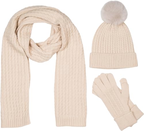 styleBREAKER Damen Set 3-Teilig aus Schal, Bommelmütze und Handschuhe, Zopfmuster Strickschal Warm Winter Einfarbig 01018270, Farbe:Beige von styleBREAKER