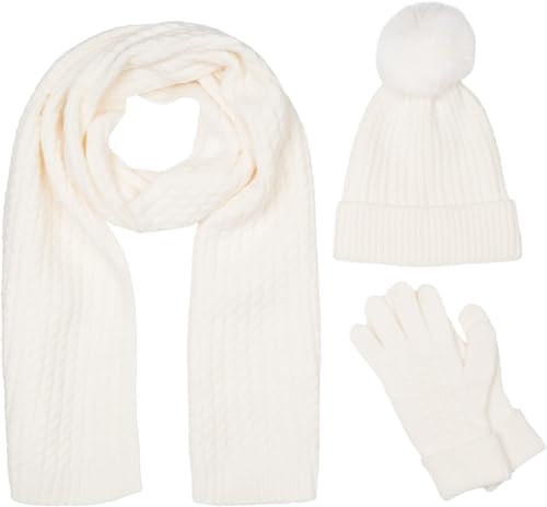 styleBREAKER Damen Set 3-Teilig aus Schal, Bommelmütze und Handschuhe, Zopfmuster Strickschal Warm Winter Einfarbig 01018270, Farbe:Creme von styleBREAKER